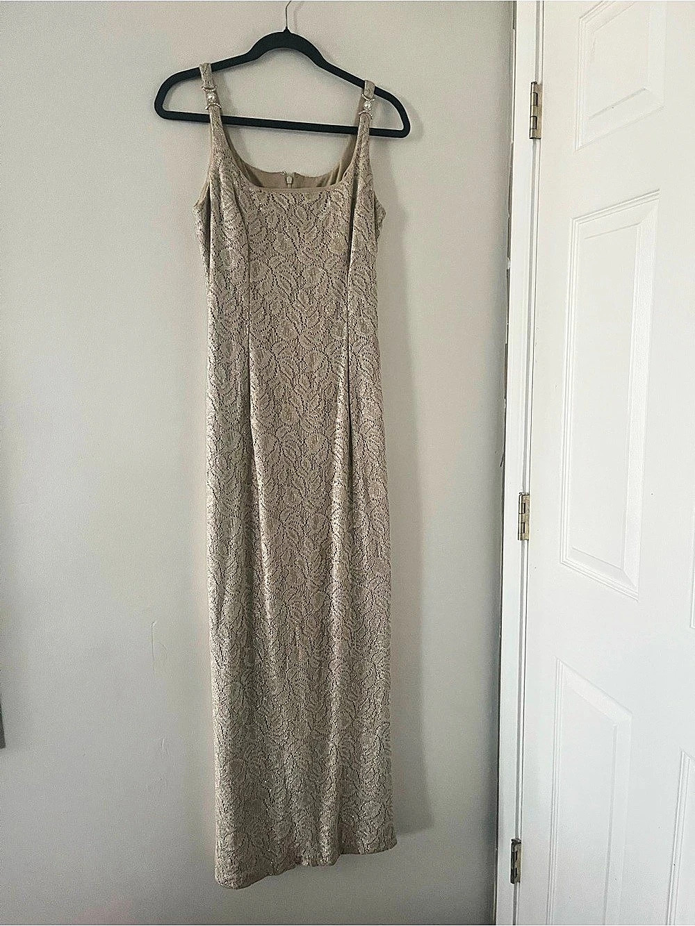 Vintage Gold Metallic Knit Lace Maxi Dress 8 Pearl Embellishment Formal Wedding